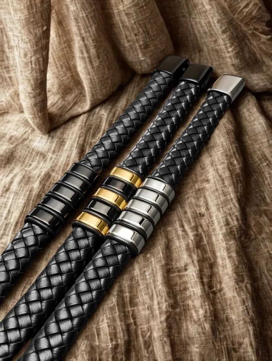 Bracciali Segno Vivo in pelle intrecciata nera, le placche da vicino